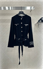 Contrast-Color Belted Knit Cardigan