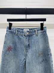 Embroidered Pattern Wide-Leg Denim Pants
