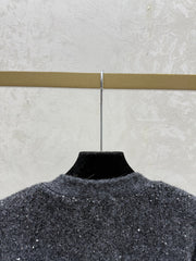 Solid color sequined V-neck knit long-sleeved cardigan