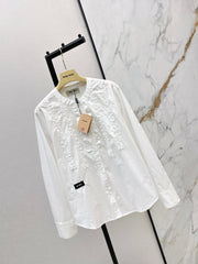 Round neck, ruffled trim, long-sleeved shirt