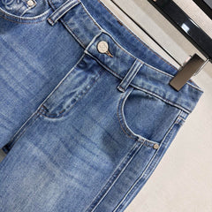 Chanel/Leather-Patch Bootcut Denim Trousers