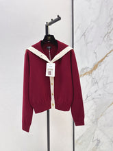 Chanel/Color-block knit cardigan featuring a nautical-style collar