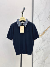 Short-Sleeve Knit Top with Plaid Collar