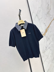Short-Sleeve Knit Top with Plaid Collar