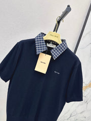 Short-Sleeve Knit Top with Plaid Collar