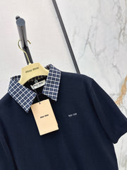 Short-Sleeve Knit Top with Plaid Collar