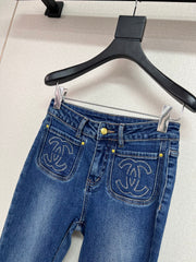 Rhinestone-Embellished Pocket Flare Jeans