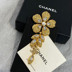 Golden Flower Petal and Marquise-Cut Stone Brooch