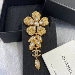 Golden Flower Petal and Marquise-Cut Stone Brooch
