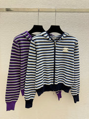 chanel/26 New Double C Stripe Hoodie Knit Cardigan