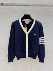 Thom Browne/26 New Puppy Embroidered Four-Bar V-Neck Cable Knit Cardigan