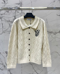 Valentino/26 New Simple Turn-Down Collar Hollow Crochet Knit Cardigan