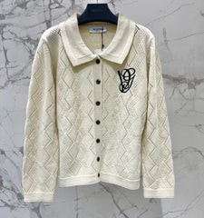 Valentino/26 New Simple Turn-Down Collar Hollow Crochet Knit Cardigan