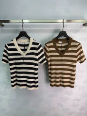 Yves Saint Laurent/26SS New Striped V-Neck Short-Sleeve Knit Top