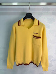 MiuMiu/26 Early Autumn New Color-Block Polo Collar Openwork Knit Top