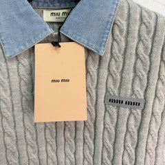 Miu Miu / Denim Patchwork Cable Knit Short Sleeve