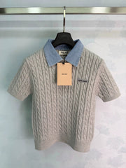 Miu Miu / Denim Patchwork Cable Knit Short Sleeve
