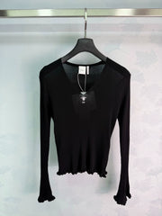 Dior/26 Early Autumn New V-Neck Ribbed Ruffle Cuff Bell Sleeve Knit Top/*
