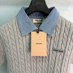 Miu Miu / Denim Patchwork Cable Knit Short Sleeve