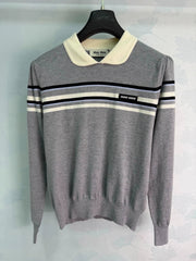 MiuMiu/26 Early Autumn New Color-Block Striped Collared Knit Long-Sleeve