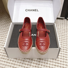 CHANEL 26S MARY JANE FLATS IN DARK RED LAMBSKIN ESPADRILLE SOLE