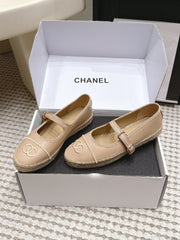 CHANEL 26S MARY JANE FLATS IN BEIGE LAMBSKIN ESPADRILLE SOLE