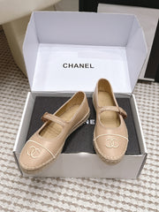 CHANEL 26S MARY JANE FLATS IN BEIGE LAMBSKIN ESPADRILLE SOLE
