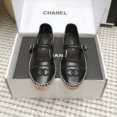 CHANEL 26S MARY JANE FLATS IN BLACK LAMBSKIN ESPADRILLE SOLE