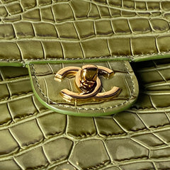 CHANEL 26S CC LOGO SHOULDER BAG 39 IN OLIVE GREEN CROCODILE-EMBOSSED CALFSKIN GOLD HARDWARE