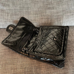 CHANEL 26S CLASSIC FLAP BAG 26 IN BLACK AGED CRINKLED CALFSKIN DARK SILVER HARDWARE