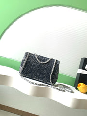 CHANEL 26S SEQUINS FLAP BAG 21 IN BLACK TWEED AND CALFSKIN SILVER HARDWARE