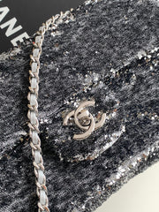 CHANEL 26S SEQUINS FLAP BAG 21 IN BLACK TWEED AND CALFSKIN SILVER HARDWARE