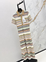26SS NEW Color-blocked Long Striped Dress with Lapel Collar 🤎