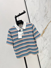 26SS NEW Striped Polo Collar Embroidered Short-Sleeve Knit Top🩵