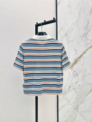 26SS NEW Striped Polo Collar Embroidered Short-Sleeve Knit Top🩵
