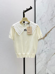 26SS New Faux-Layer Knit Top with Contrast-Color Lace Collar 🤍