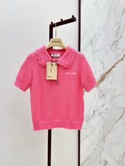 26FW New Pink Short-Sleeve Knit Polo with Cut-Out Detail and Collar 💕