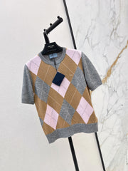 26FW New Pink-Brown Argyle Cashmere Short-Sleeve Knit Top 🩶