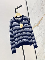 26FW New Navy & White Horizontal Stripe Crew-Neck Knit Cardigan 🖤