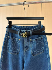 Double-Pocket Decorative Jeans [With Belt]