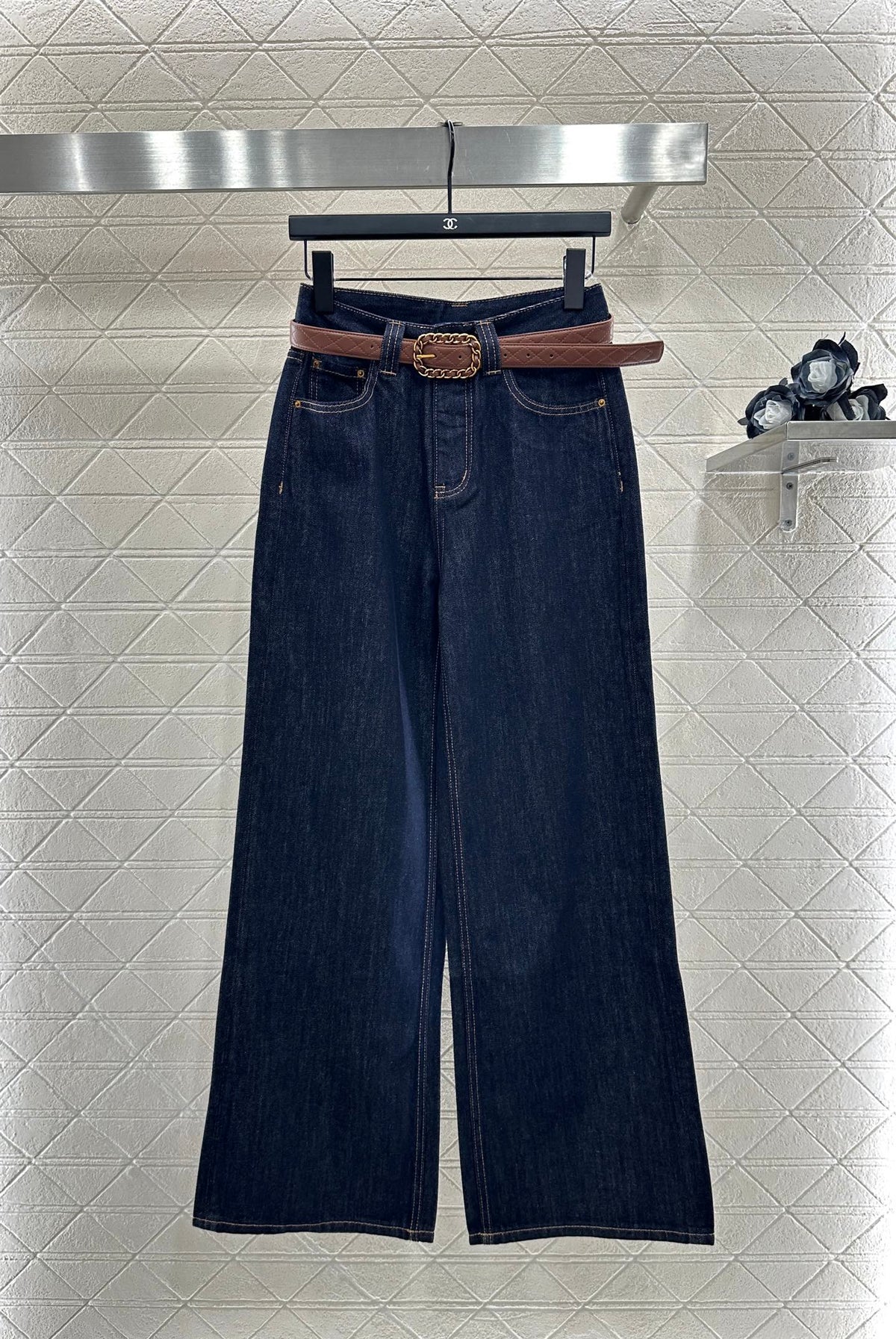 Belted Straight-Leg Denim Pants