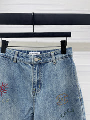 Embroidered Pattern Wide-Leg Denim Pants