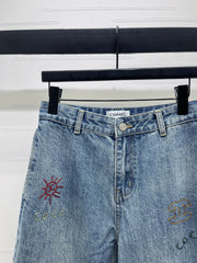 Embroidered Pattern Wide-Leg Denim Pants