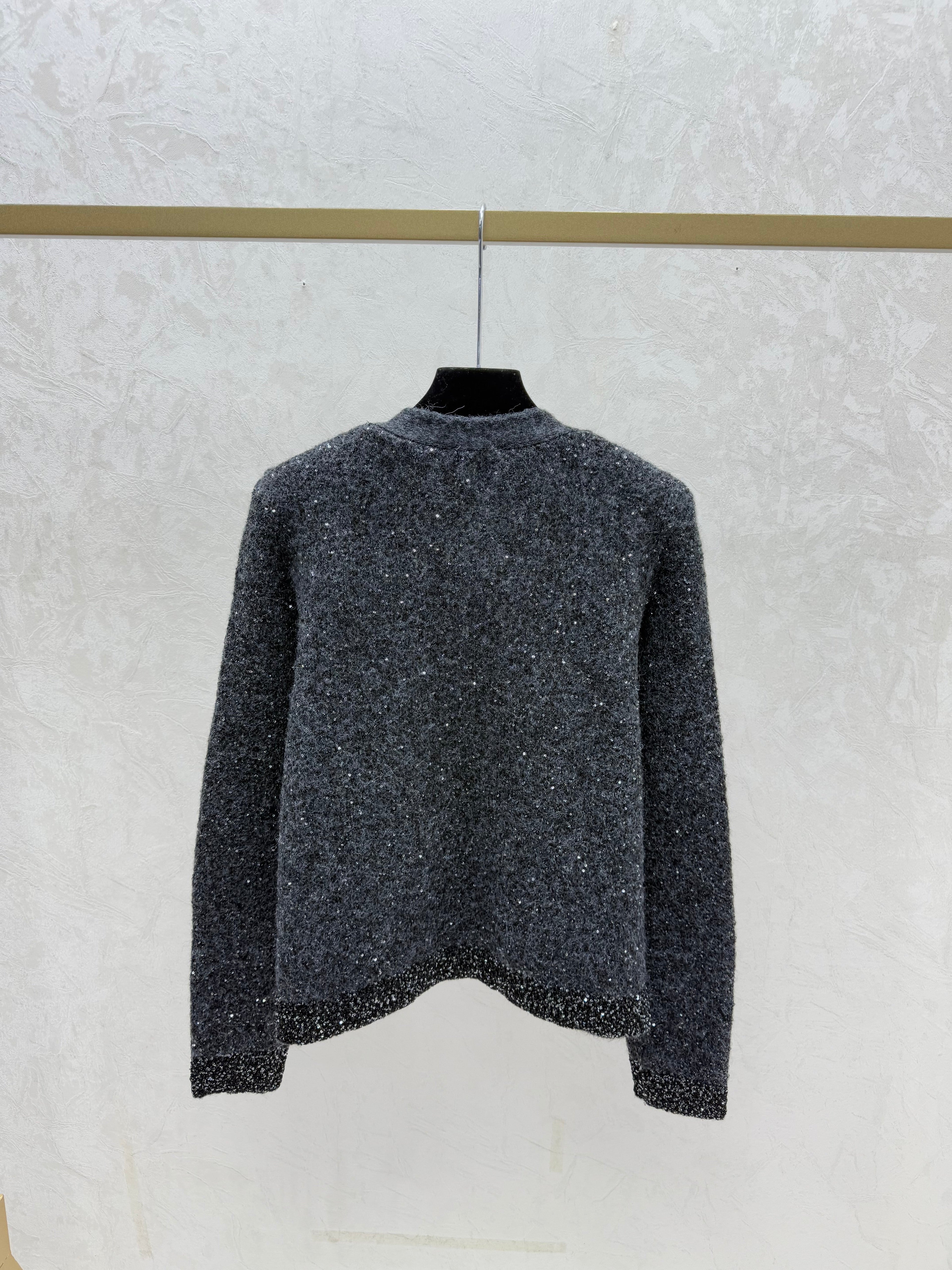 Solid color sequined V-neck knit long-sleeved cardigan