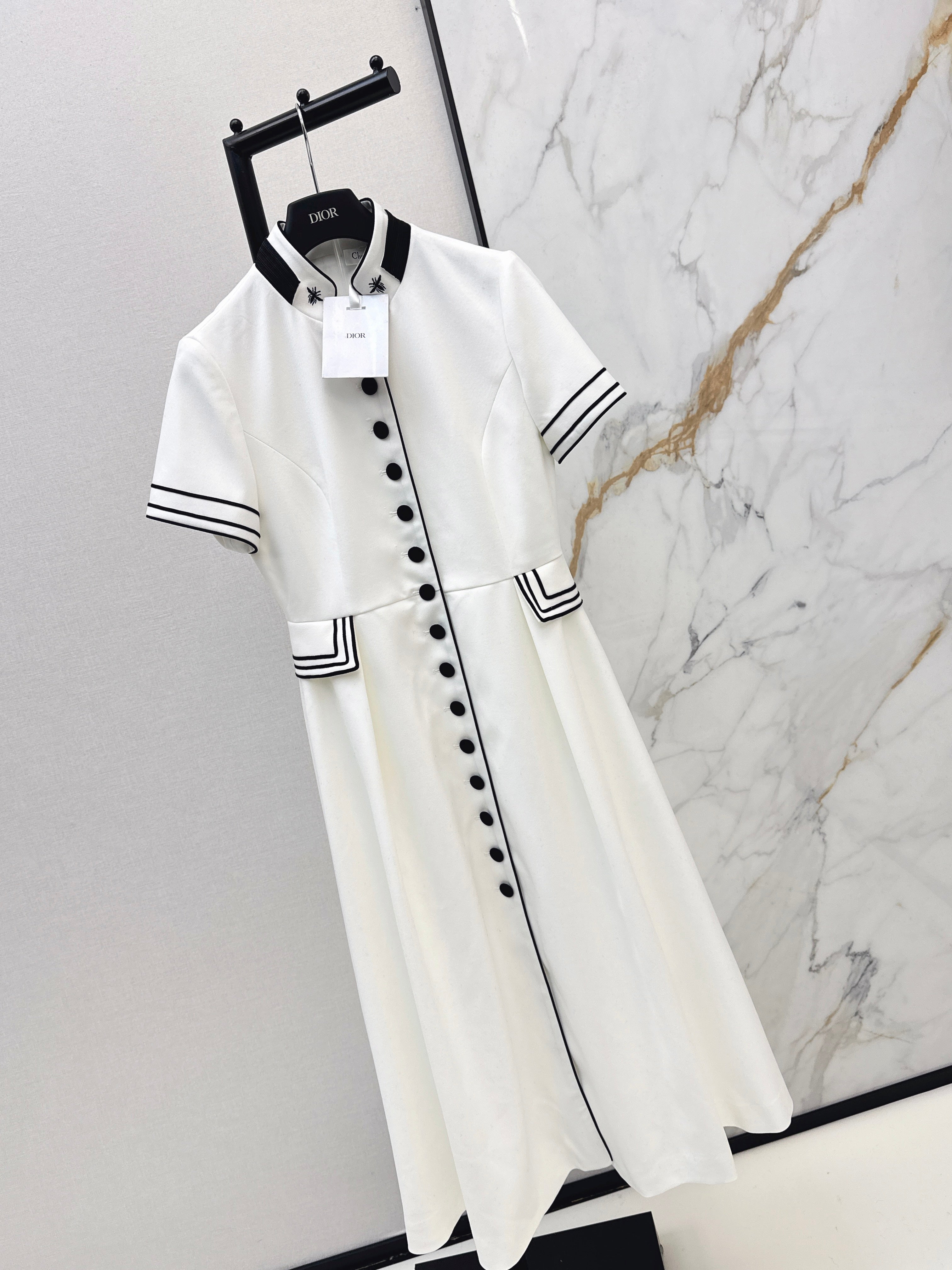 Stand-up collar belted dress