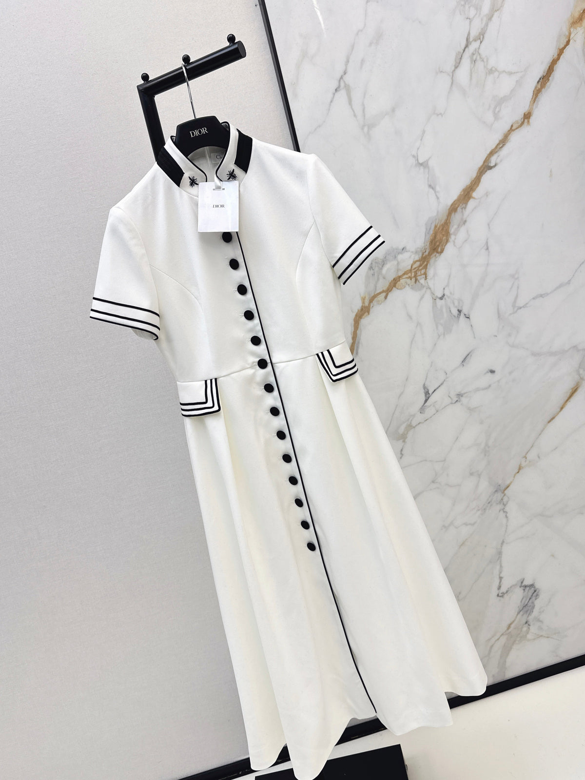 Stand-up collar belted dress