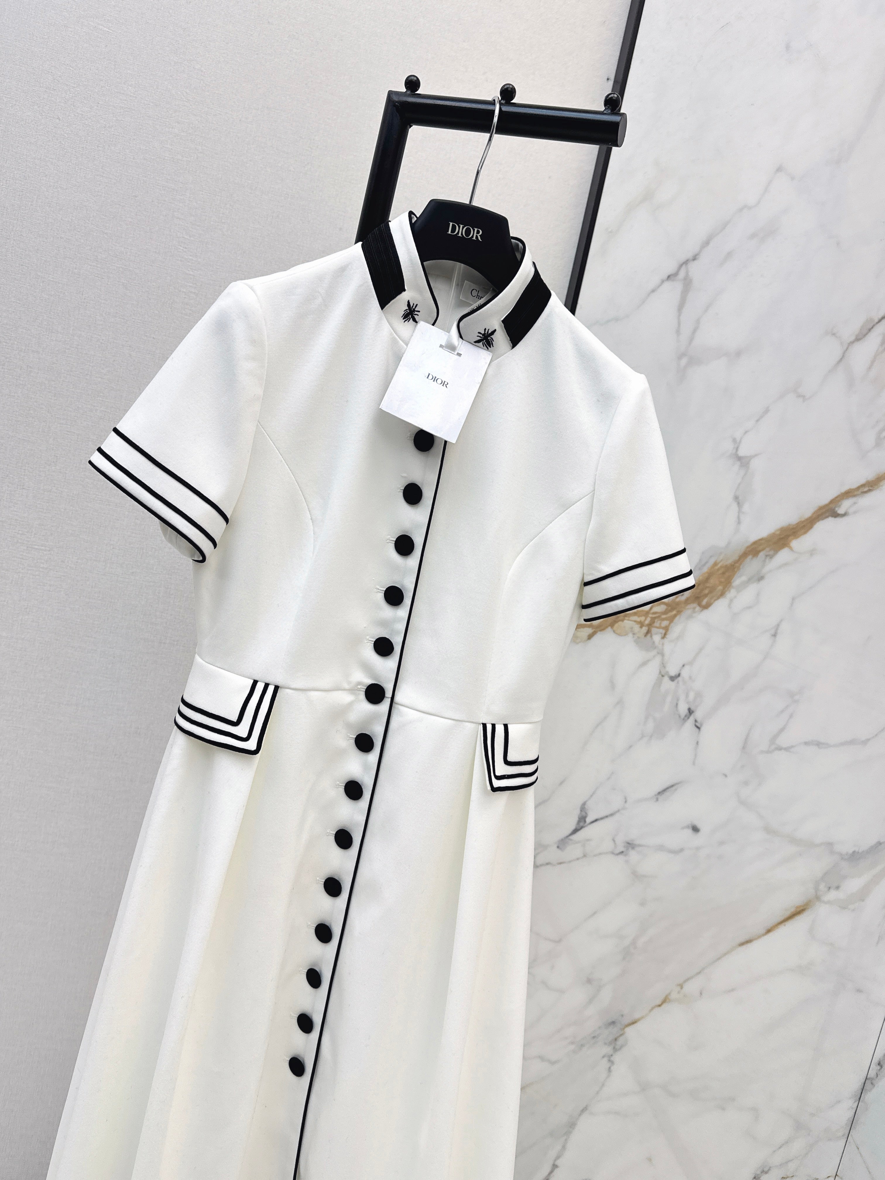 Stand-up collar belted dress