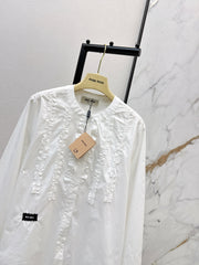 Round neck, ruffled trim, long-sleeved shirt