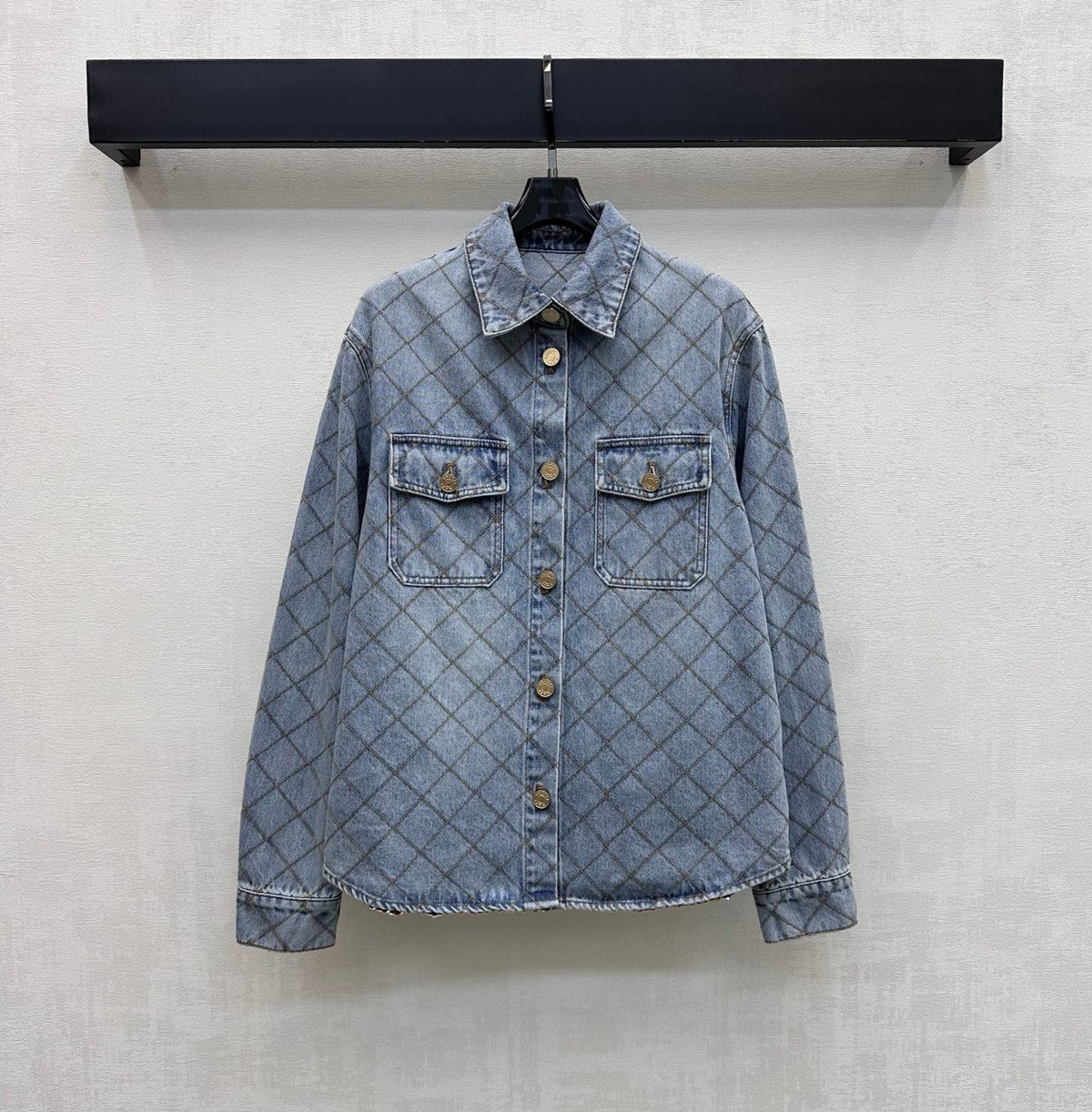 Chanel/Diamond-Quilted Denim Shirt with Collar