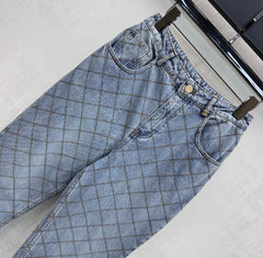 Chanel/Quilted Denim Trousers with Chain Detail